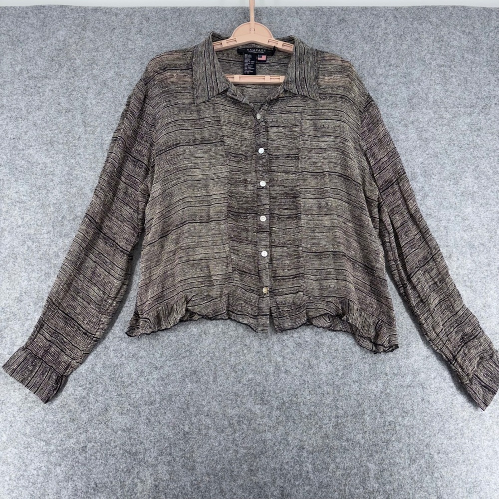 VTG Rampage Silk Blouse XL Brown Striped Long Sleeve Lettuce Hem Button Down Top